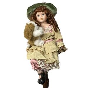 Christmas Around the World Porcelain Doll Victorian Girl Celine Shiloh Plush Dog